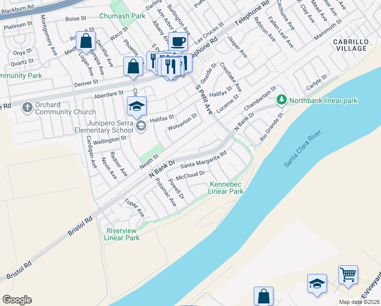 map of restaurants, bars, coffee shops, grocery stores, and more near 9050 Feather Street in Ventura