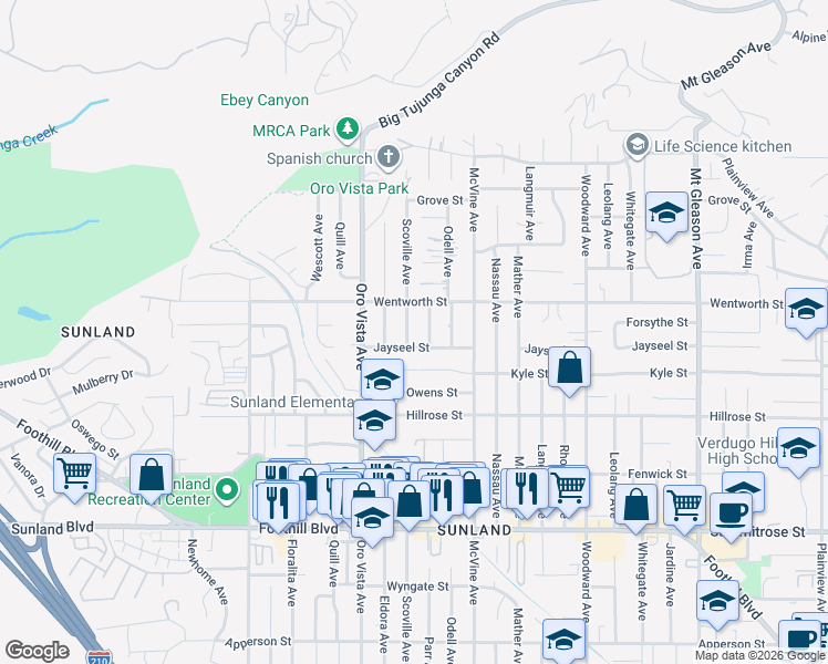 map of restaurants, bars, coffee shops, grocery stores, and more near 10832 Scoville Avenue in Los Angeles