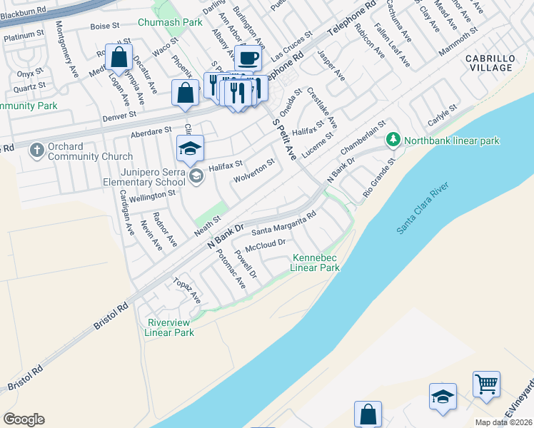 map of restaurants, bars, coffee shops, grocery stores, and more near 9050 Feather Street in Ventura