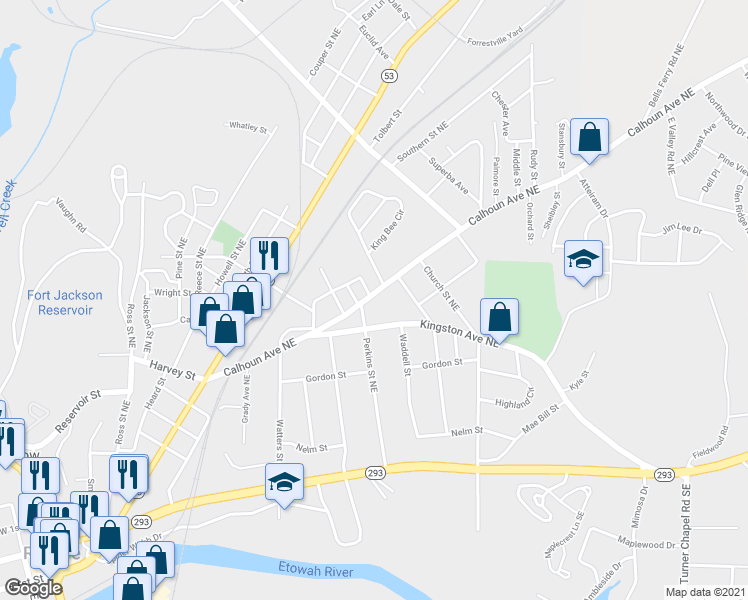 map of restaurants, bars, coffee shops, grocery stores, and more near 402 Calhoun Avenue Northeast in Rome