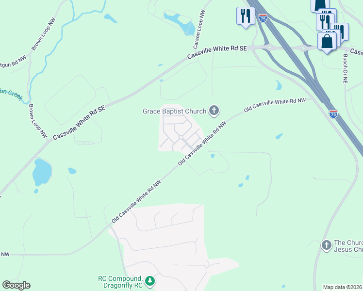 map of restaurants, bars, coffee shops, grocery stores, and more near 14 Thomas Court in Cartersville