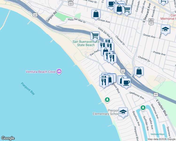 map of restaurants, bars, coffee shops, grocery stores, and more near 1081 Brockton Lane in Ventura