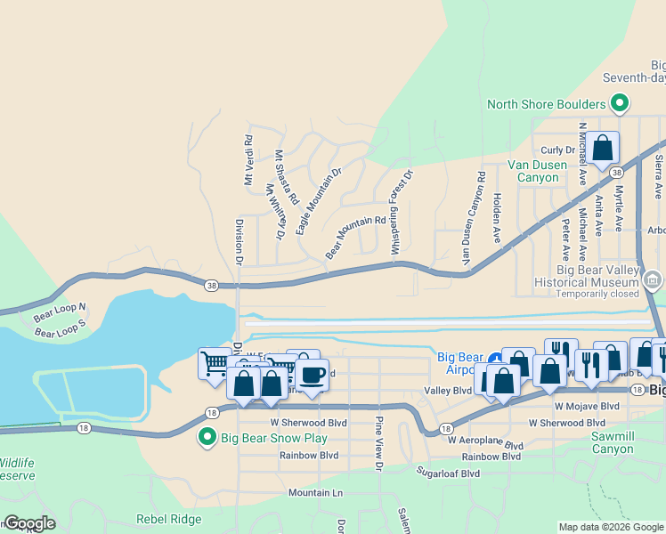 map of restaurants, bars, coffee shops, grocery stores, and more near 1000 Eagle Mountain Drive in Big Bear