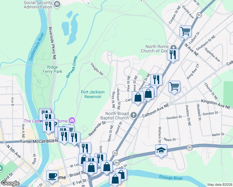 map of restaurants, bars, coffee shops, grocery stores, and more near 113 Jackson Street Northeast in Rome