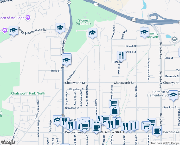 map of restaurants, bars, coffee shops, grocery stores, and more near 21626 Bermuda Street in Los Angeles