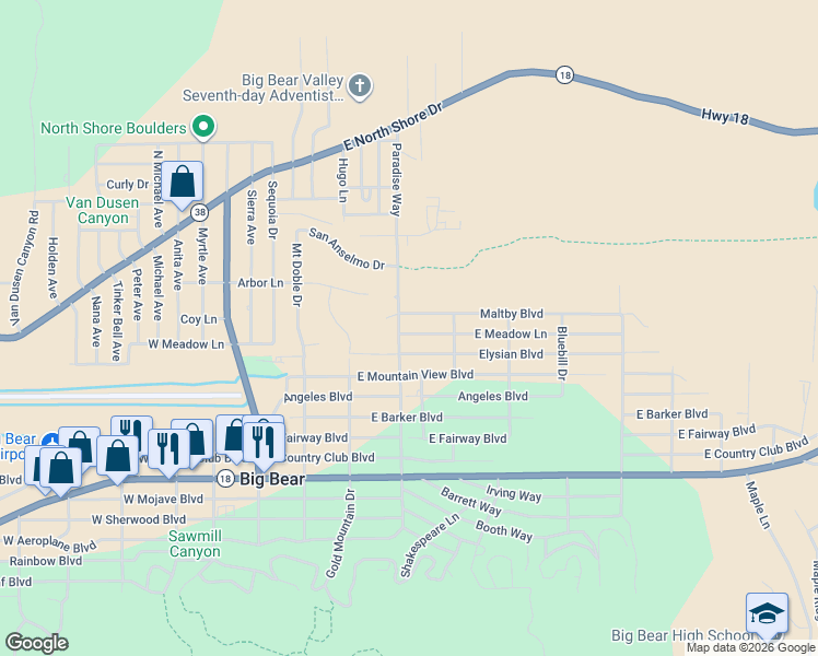 map of restaurants, bars, coffee shops, grocery stores, and more near 411 East Meadow Lane in Big Bear