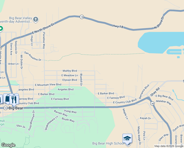 map of restaurants, bars, coffee shops, grocery stores, and more near 745 East Meadow Lane in Big Bear