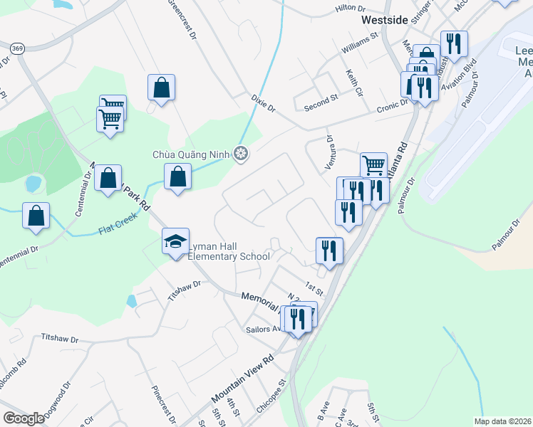 map of restaurants, bars, coffee shops, grocery stores, and more near 2420 Buena Vista Circle in Gainesville