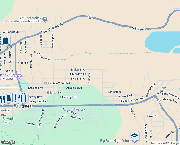 map of restaurants, bars, coffee shops, grocery stores, and more near 701 East Meadow Lane in Big Bear