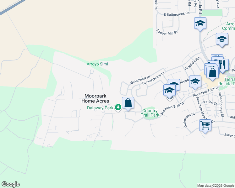 map of restaurants, bars, coffee shops, grocery stores, and more near 4165 Kingsview Road in Moorpark