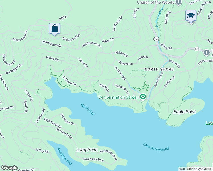 map of restaurants, bars, coffee shops, grocery stores, and more near 910 Antler Drive in Lake Arrowhead