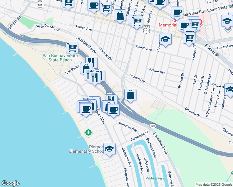 map of restaurants, bars, coffee shops, grocery stores, and more near 2300 Alessandro Drive in Ventura