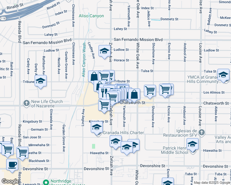 map of restaurants, bars, coffee shops, grocery stores, and more near 17834 1/2 Los Alimos Street in Los Angeles
