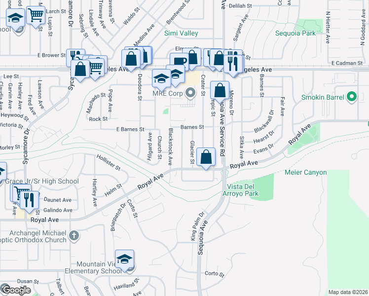 map of restaurants, bars, coffee shops, grocery stores, and more near 1508 Acadia Street in Simi Valley