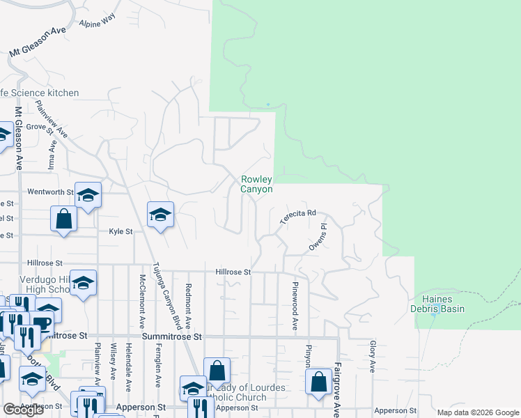 map of restaurants, bars, coffee shops, grocery stores, and more near 10834 Sevenhills Drive in Los Angeles