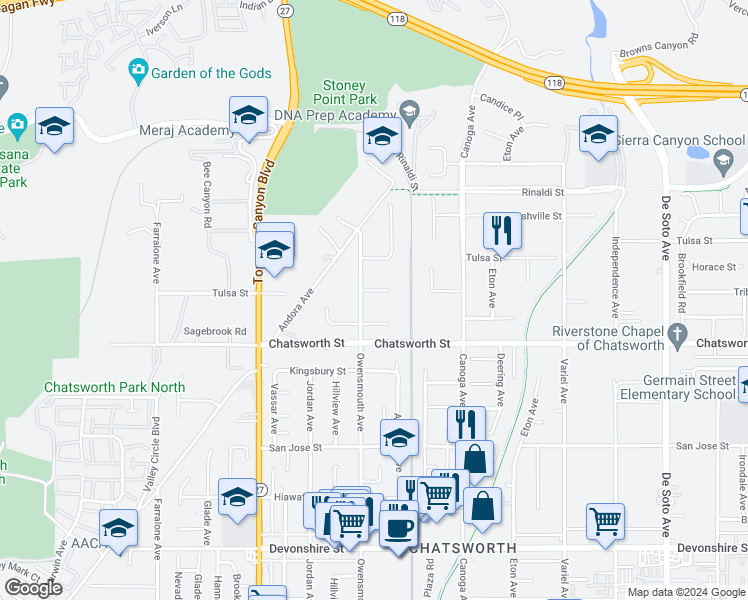 map of restaurants, bars, coffee shops, grocery stores, and more near 21622 Bermuda Street in Los Angeles