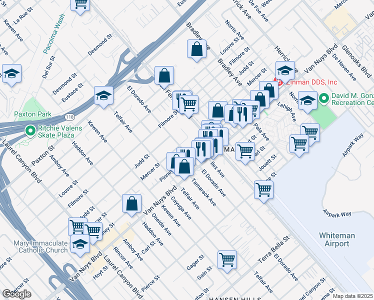 map of restaurants, bars, coffee shops, grocery stores, and more near 13351 Pinney Street in Los Angeles
