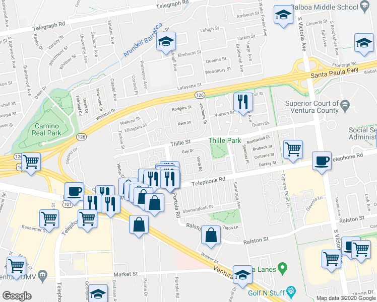 map of restaurants, bars, coffee shops, grocery stores, and more near 132 Gay Drive in Ventura
