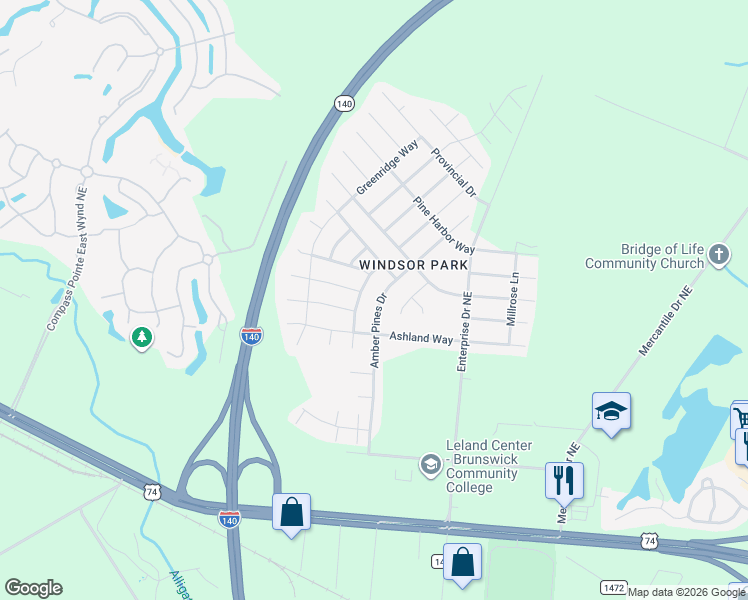 map of restaurants, bars, coffee shops, grocery stores, and more near 1175 Amber Pines Drive in Leland