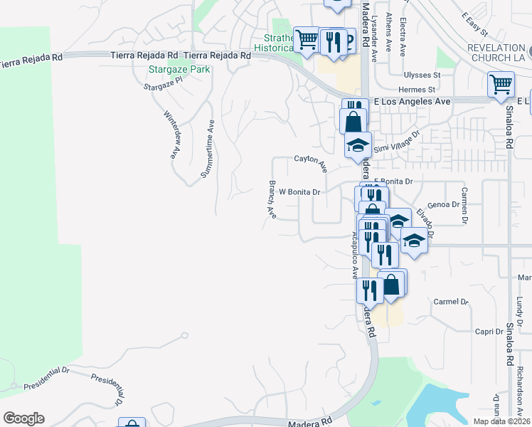map of restaurants, bars, coffee shops, grocery stores, and more near 1513 Branch Avenue in Simi Valley