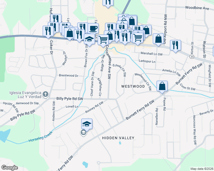 map of restaurants, bars, coffee shops, grocery stores, and more near 222 Coosawattee Avenue Southwest in Rome