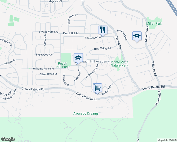 map of restaurants, bars, coffee shops, grocery stores, and more near 13473 Christian Barrett Drive in Moorpark