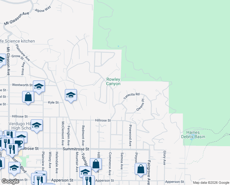 map of restaurants, bars, coffee shops, grocery stores, and more near 10834 Sevenhills Drive in Los Angeles