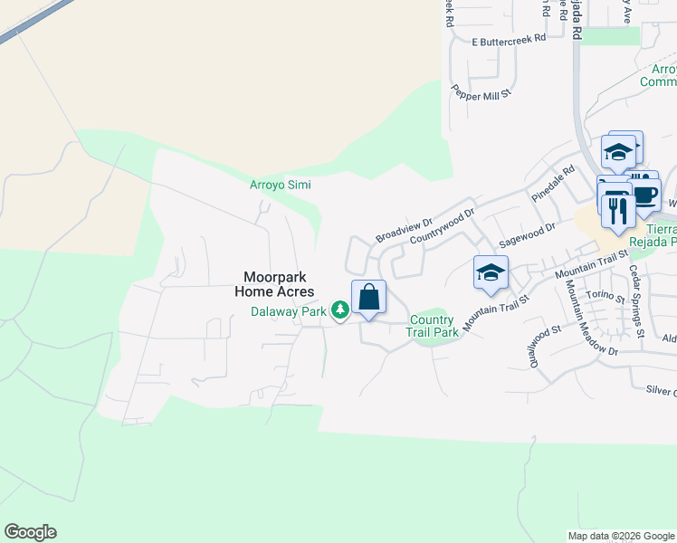 map of restaurants, bars, coffee shops, grocery stores, and more near 4165 Kingsview Road in Moorpark