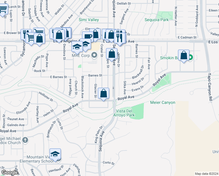 map of restaurants, bars, coffee shops, grocery stores, and more near 1508 Olympic Street in Simi Valley