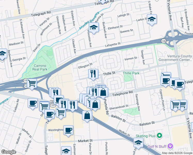 map of restaurants, bars, coffee shops, grocery stores, and more near 859 Portola Road in Ventura