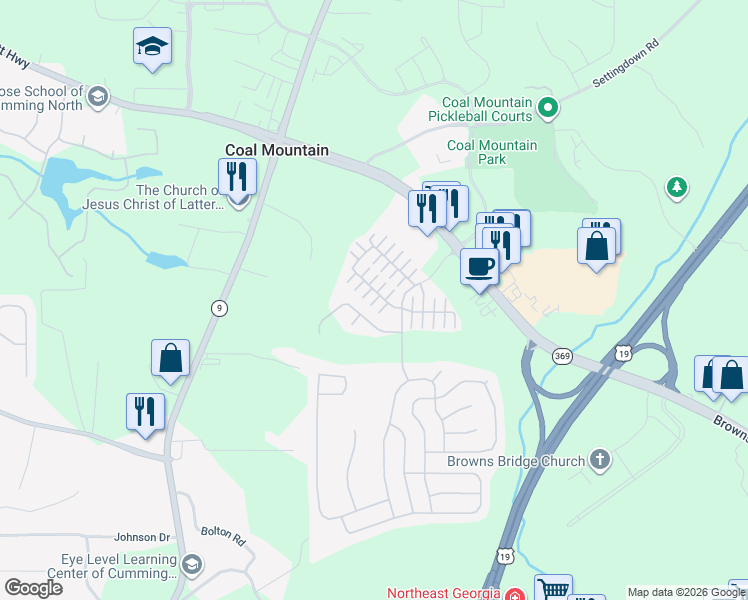 map of restaurants, bars, coffee shops, grocery stores, and more near 3985 Cutler Donahoe Way in Cumming