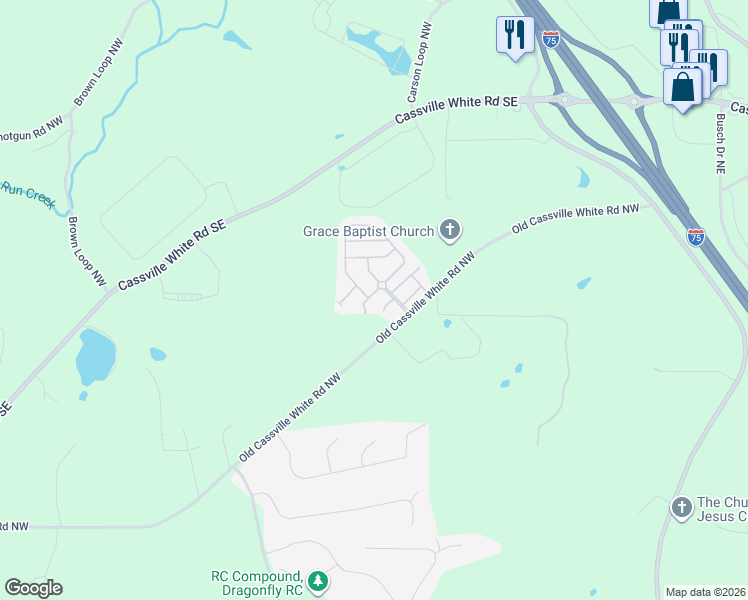 map of restaurants, bars, coffee shops, grocery stores, and more near 12 Thomas Court in Cartersville