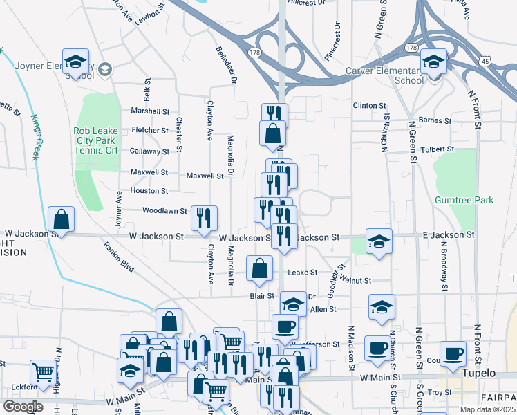 map of restaurants, bars, coffee shops, grocery stores, and more near 616 Hibner Street in Tupelo