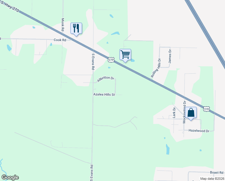 map of restaurants, bars, coffee shops, grocery stores, and more near 1903 Azalea Hills Drive in Pine Bluff