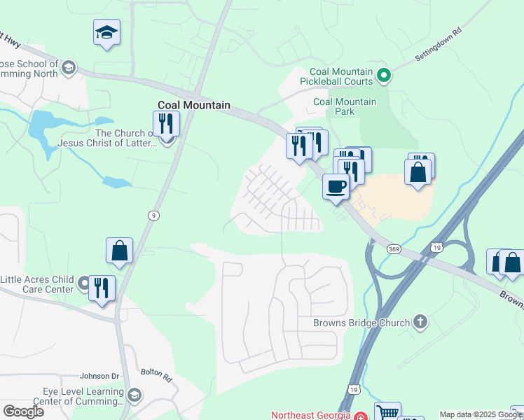 map of restaurants, bars, coffee shops, grocery stores, and more near 3974 Cutler Donahoe Way in Cumming