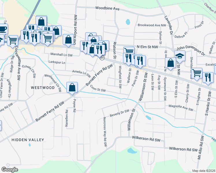map of restaurants, bars, coffee shops, grocery stores, and more near 107 Wooten Drive in Rome