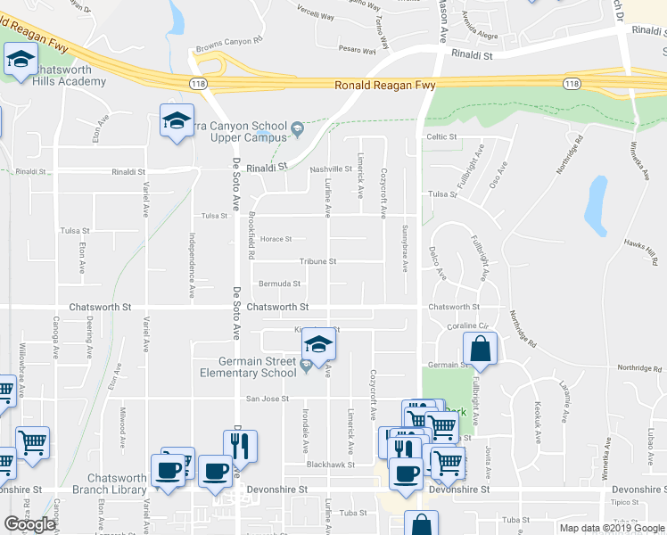 map of restaurants, bars, coffee shops, grocery stores, and more near 20656 Tribune Street in Los Angeles