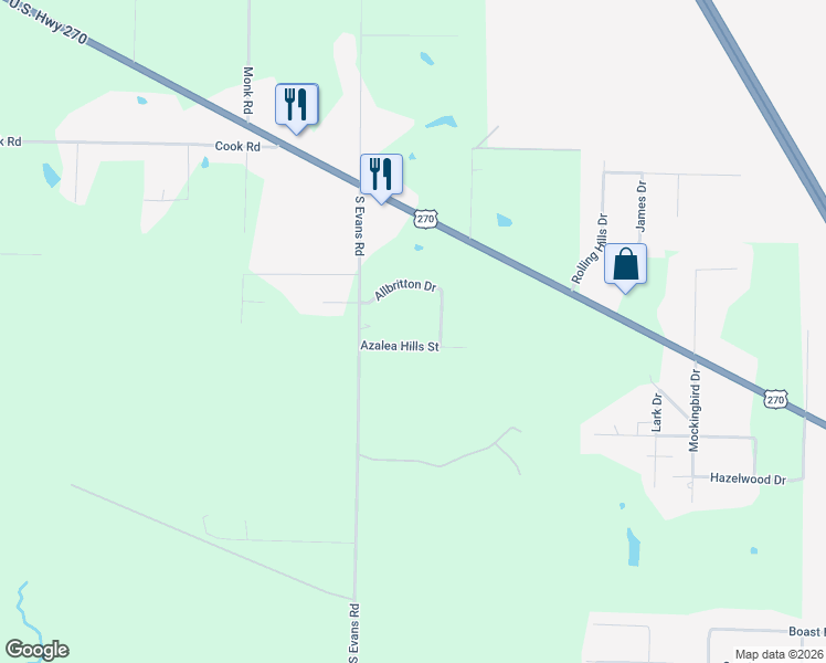map of restaurants, bars, coffee shops, grocery stores, and more near 1903 Azalea Hills Drive in Pine Bluff