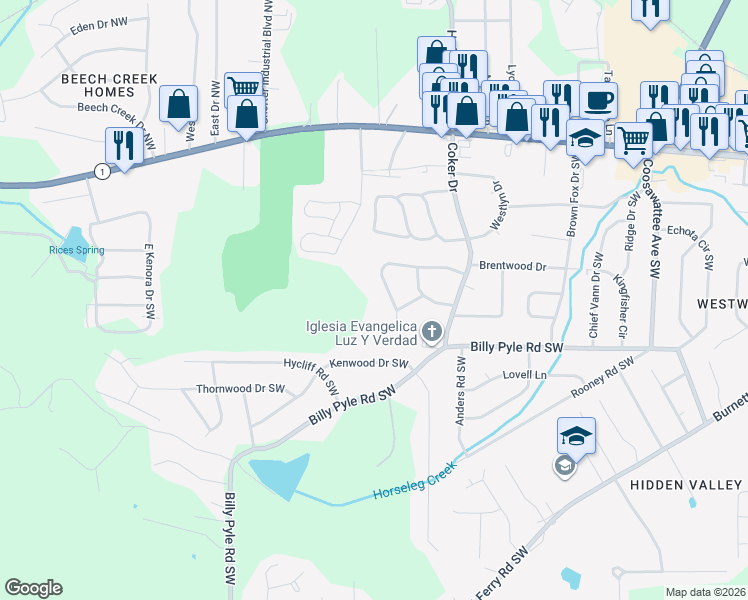 map of restaurants, bars, coffee shops, grocery stores, and more near 28 Westover Drive Southwest in Rome