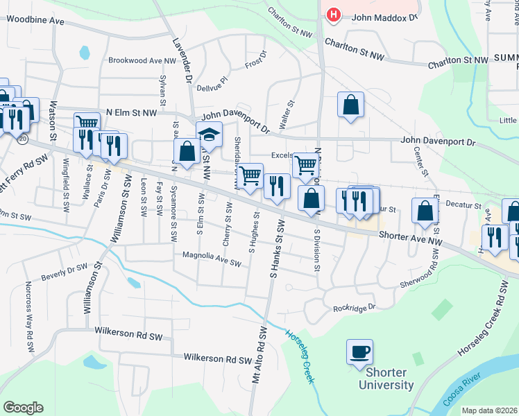 map of restaurants, bars, coffee shops, grocery stores, and more near 5 North Hughes Street Northwest in Rome