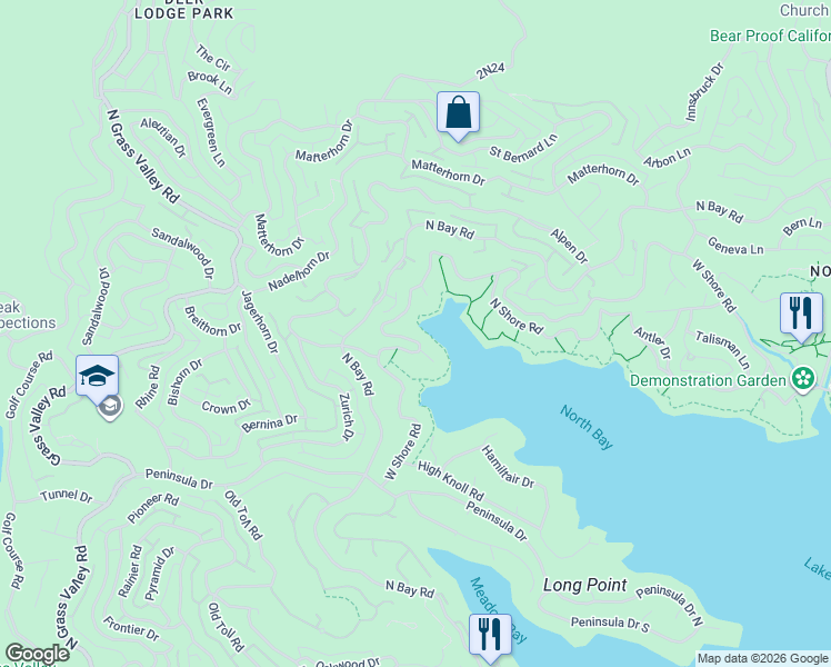 map of restaurants, bars, coffee shops, grocery stores, and more near 27561 West Shore Road in Lake Arrowhead
