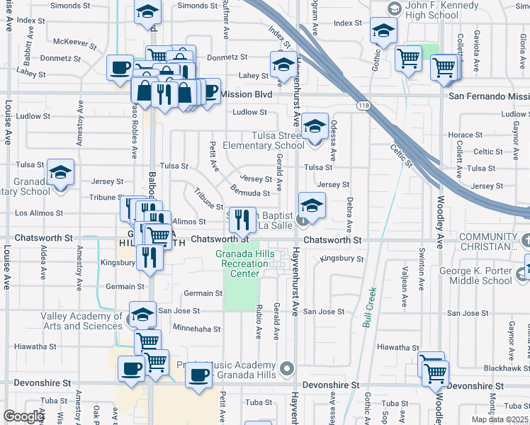 map of restaurants, bars, coffee shops, grocery stores, and more near 16654 Tribune Street in Los Angeles
