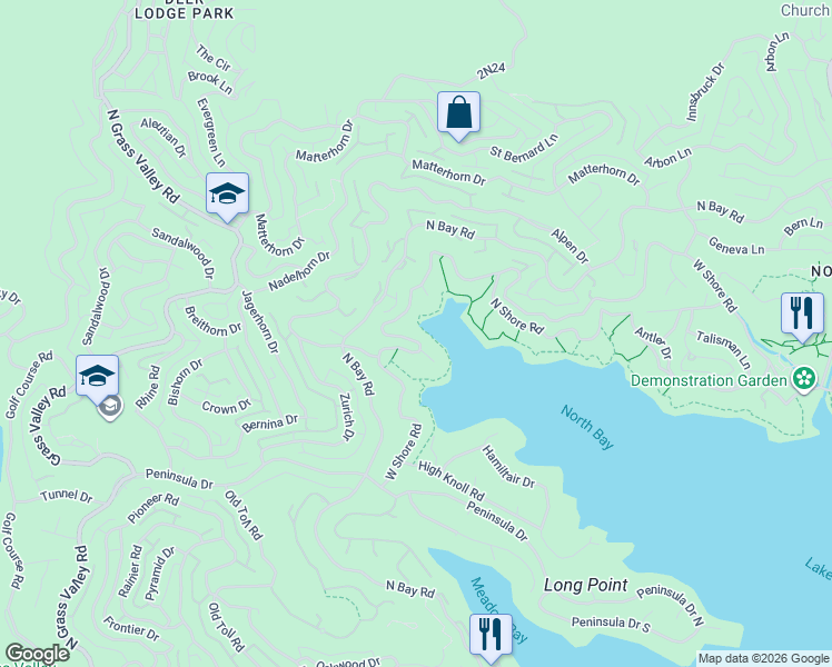 map of restaurants, bars, coffee shops, grocery stores, and more near 27567 West Shore Road in Lake Arrowhead