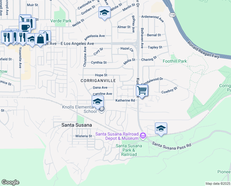 map of restaurants, bars, coffee shops, grocery stores, and more near 1494 Dorothy Avenue in Simi Valley