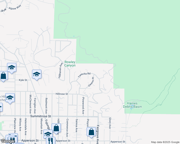 map of restaurants, bars, coffee shops, grocery stores, and more near 10905 Terecita Road in Los Angeles
