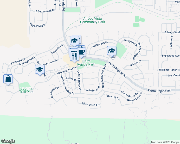 map of restaurants, bars, coffee shops, grocery stores, and more near 11951 Honeybrook Court in Moorpark