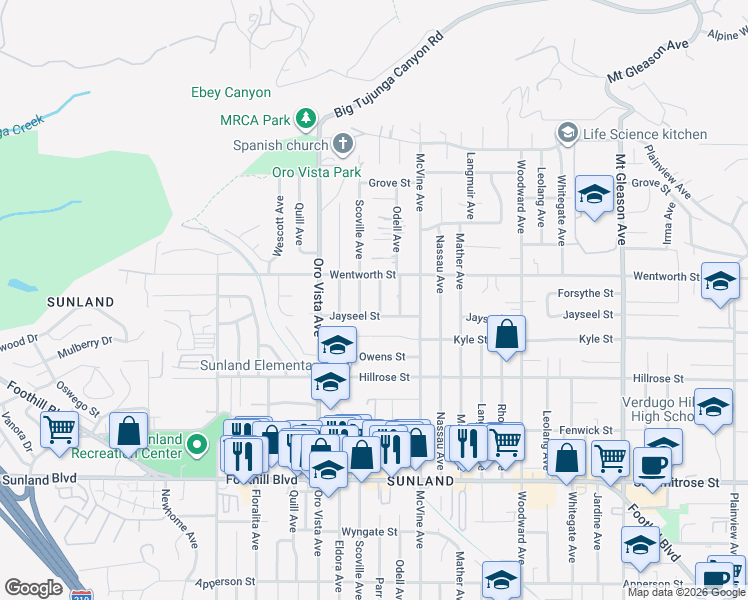 map of restaurants, bars, coffee shops, grocery stores, and more near 10832 Scoville Avenue in Los Angeles