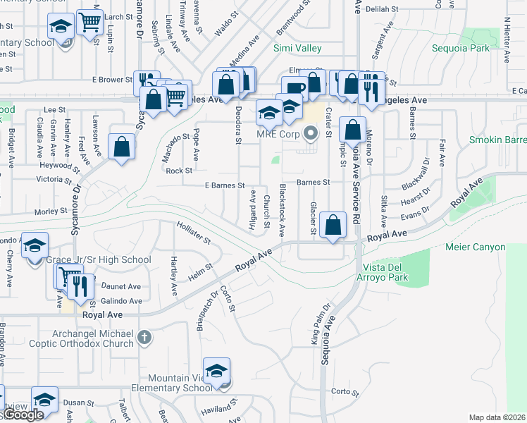 map of restaurants, bars, coffee shops, grocery stores, and more near 1521 Church Street in Simi Valley
