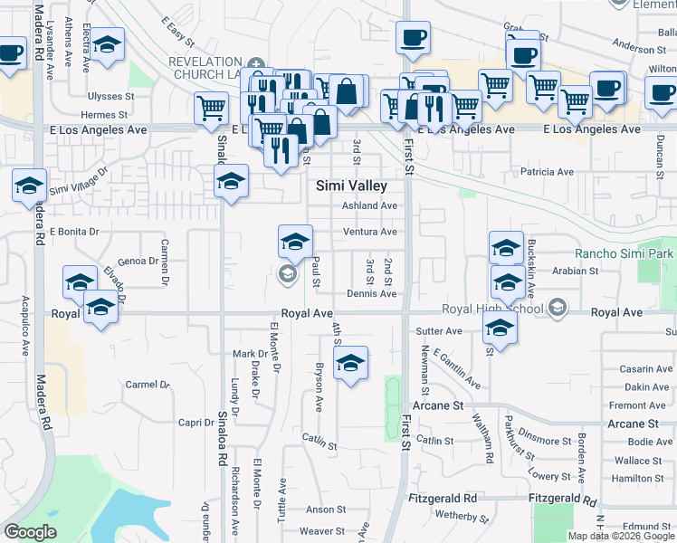 map of restaurants, bars, coffee shops, grocery stores, and more near 1482 4th Street in Simi Valley
