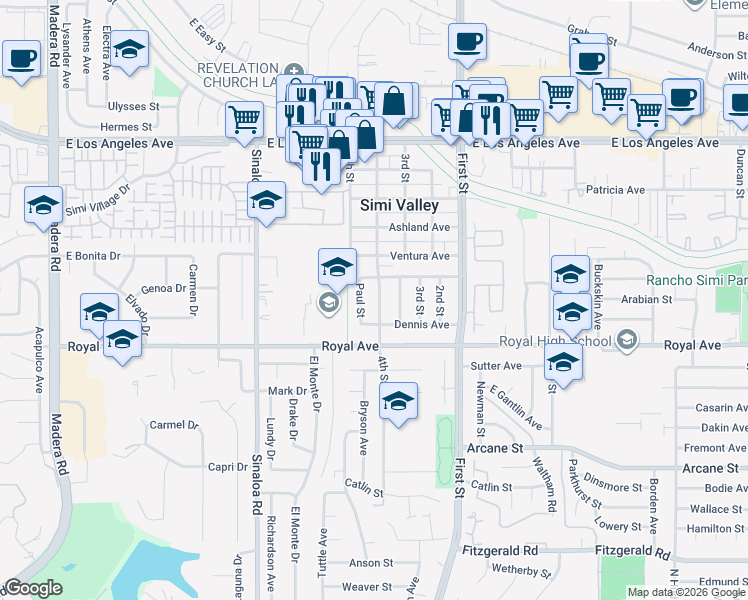 map of restaurants, bars, coffee shops, grocery stores, and more near 1482 4th Street in Simi Valley
